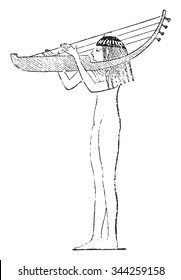 Harp worn on the shoulder, vintage engraved illustration. Private life of Ancient Antique family 1881.

