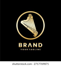 Diseño de icono de logotipo de Harpa en negro y oro. Logotipo elegante y minimalista del instrumento musical del arpa.
