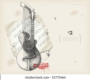 Harp-guitar drawing- music instrument with score- background