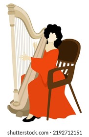 Harpist in bright long orange dress playing her instrument. Vector isolated illustration.