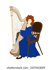 Harpist in bright long orange dress playing her instrument. Vector isolated illustration.