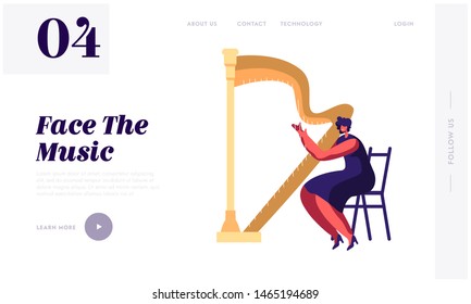 Harpist Musician Woman Playing on Harp Website Landing Page, Symphony Orchestra Classical Music Concert, Artist Perform on Stage, Philharmonic Event Web Page. Cartoon Flat Vector Illustration, Banner