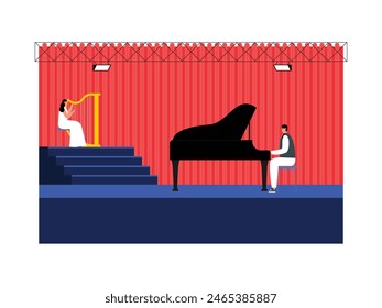 Harpist and piano player collaborate on theater stage for show opener, vector illustration.