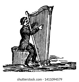 Harpist is a player of the harp, vintage line drawing or engraving illustration.