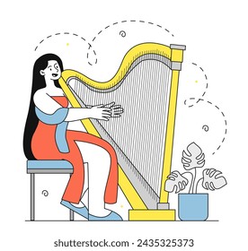 Harpist rehearsal doodle. Talented musician sitting with musical instrument. Artist performing at scene. Concert and performance. Simple flat vector illustration isolated on white background