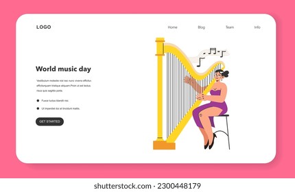 Harpist web banner or landing page. Young female character in a beautiful dress playing a harp. Classical music performer in orchestra Flat vector illustration