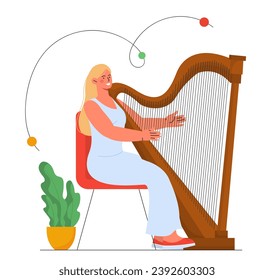 Harpist woman concept. Young girl sitting with musical instrument. Musician perform at scene. Creativity and art, music. Cartoon flat vector illustration isolated on white background