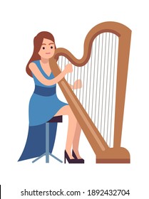 Harpist woman performance. Classic female musician character in blue dress with harp plays melody, acoustic music show, symphony concert in opera or theater, flat vector cartoon isolated illustration