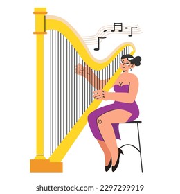 Harpist. Young female character in a beautiful dress playing a harp. Classical music performer in orchestra Flat vector illustration