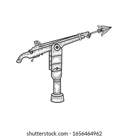 Harpoon no puede esbozar ilustración vectorial de grabado. Diseño de impresión de prendas de pantalones en T. La imitación de la tabla de raquetas. Imagen dibujada a mano en blanco y negro.