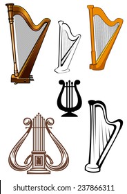 Harps ans lyres stringed musical instruments set isolated on white background for art and music design