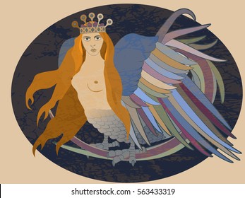 Harpy, ancient Greek mythology, color tattoos, vector illustration.