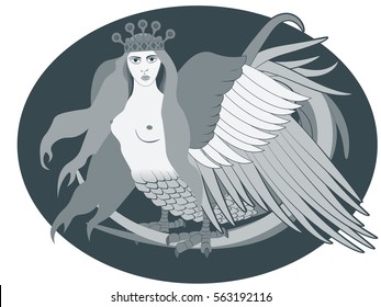 Harpy, ancient Greek mythology, tattoo, vector illustration.