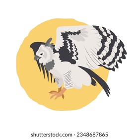 Harpy bird of prey. Vector flat cartoon illustration on the background of a yellow spot by hand