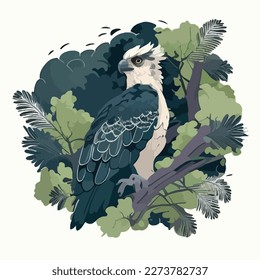Harpy eagle perched high in the rainforest canopy. Tropical rainforest birds and animals. Flat vector illustration concept