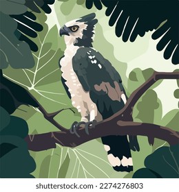 Harpy eagle perched high in the rainforest canopy. Tropical rainforest birds and animals. Flat vector illustration concept