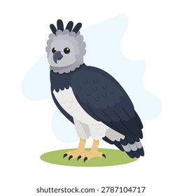 Harpy eagle standing alert, Harpy eagle showing massive claws and crest feathers, Harpia harpyja vector wildlife bird illustration.