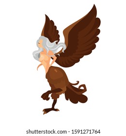 Harpy flat vector illustration. Half-woman, half-bird creature. Fantastical monster. Storm wind personification. Greek mythology. Fairy beast isolated cartoon character on white background