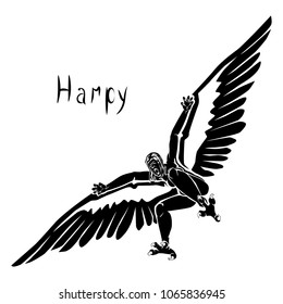 Harpy legendary creature in Greek and Roman mythology black vector illustration isolated on a white background