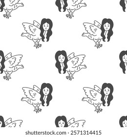 Harpy Seamless Pattern. Medieval mythical Greek and Roman creature black and white hand drawn background with bird body wings and woman head. Repeat vector illustration