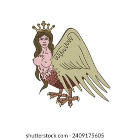  Harpy. Sirin. Girl bird. Mythology. Hand drawn illustration for cards, posters, stickers and professional design. 