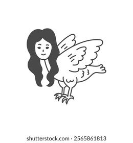 Harpy Sketch Illustration. Hand drawn bird body with woman head. Mythical outline vector art in doodle style. Mystic witchcraft magic fantasy icon symbol