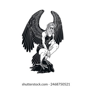 Harpy vector illustration. Half bird; half woman. Fairytale animal. Mythical creature. Ancient Greek characters. Bird with a woman's head. Woman with wings. Black silhouette. Woman with bird legs.