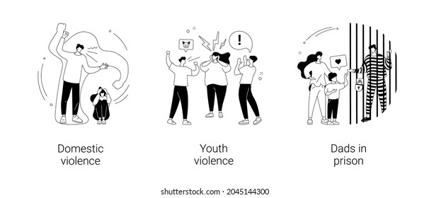 Harrasment Abstract Concept Vector Illustration Set. Domestic And Youth Violence, Dads In Prison, Family Conflict, Ask For Help, Child Bullying At School, Criminal Father Abstract Metaphor.