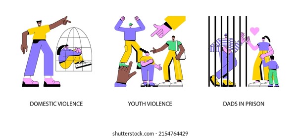 Harrasment Abstract Concept Vector Illustration Set. Domestic And Youth Violence, Dads In Prison, Family Conflict, Ask For Help, Child Bullying At School, Criminal Father Abstract Metaphor.