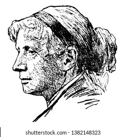 Harriet Elizabeth Beecher Stowe, 1811-1896, she was an American abolitionist and author, famous for her novel Uncle Tom's Cabin, vintage line drawing or engraving illustration