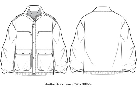 Harrington Jacket, Bomber Jacket, Raincoat Front And Back View. Fashion Illustration, Vector, Technical Drawing, Flat Drawing, Template, Mockup.	