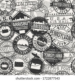 Harrisburg, PA, USA Set of Stamps. Travel Passport Stamps Pattern. Made In Product. Design Seals in Old Style Insignia Seamless. Icon Clip Art Vector Collection.