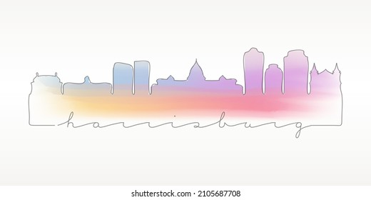 Harrisburg, PA, USA Skyline Watercolor City Illustration. Famous Buildings Silhouette Hand Drawn Doodle Art. Vector Landmark Sketch Drawing