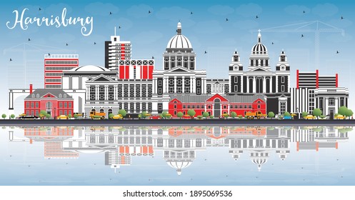 Harrisburg Pennsylvania City Skyline with Color Buildings, Blue Sky and Reflections. Vector Illustration. Harrisburg USA Cityscape with Landmarks. Travel and Tourism Concept with Modern Architecture.