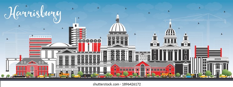 Harrisburg Pennsylvania City Skyline with Color Buildings and Blue Sky. Vector Illustration. Harrisburg USA Cityscape with Landmarks. Business Travel and Tourism Concept with Modern Architecture.