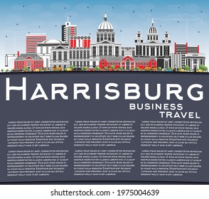 Harrisburg Pennsylvania City Skyline with Color Buildings, Blue Sky and Copy Space. Vector Illustration. Harrisburg USA Cityscape with Landmarks. Travel and Tourism Concept with Modern Architecture.