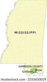 Harrison County and cities of Biloxi and Gulfport location on Mississippi state map