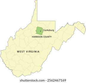 Harrison County and city of Clarksburg location on West Virginia state map