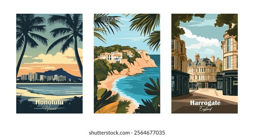 Harrogate, England. Honolulu, Hawaii. Ibiza, Spain - Vintage travel poster. Vector illustration. High quality prints