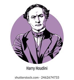 Harry Houdini was an American illusionist, philanthropist and actor. Famous for exposing charlatans and complicated tricks. Hand-drawn vector illustration