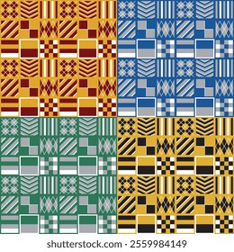 Harry Potter four gryffindor slytherin ravenclaw hufflepuff wizard student school college vector square geometric seamless pattern or texture.