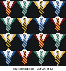 Harry Potter four gryffindor slytherin ravenclaw hufflepuff wizard school student uniforms with black cloak white shirt and striped red yellow green grey blue tie. Vector square seamless pattern.