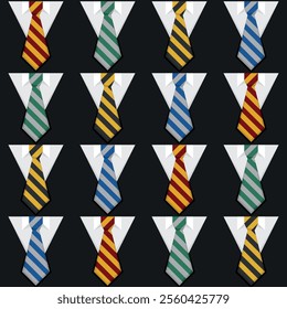 Harry Potter four gryffindor slytherin ravenclaw hufflepuff wizard school student uniforms with black sweater white shirt and striped red yellow green grey blue tie. Vector square seamless pattern.