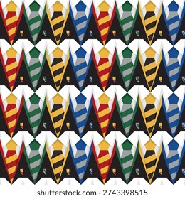 Harry potter four uniforms of wizarding student dormitories with black cloak and coat of arms. Vector square seamless pattern or texture.