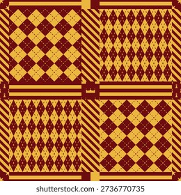 Harry Potter Gryffindor red and yellow magic school student dormitory vector seamless geometric pattern with checkered square rhombus texture and diagonal dashed lines. Striped vertical and parallel columns. Ermine, crown and eight-pointed star symbols.