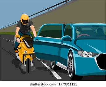 Harsh braking by biker due to sudden opening of car passenger door