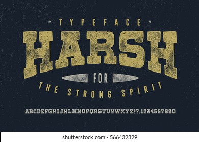 HARSH FONT crafted retro vintage typeface design. Original handmade textured lettering type alphabet on navy background. Authentic handwritten font, vector letters.