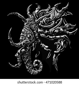 harsh military elephant horns in heavy armor, symbolizes the chess piece