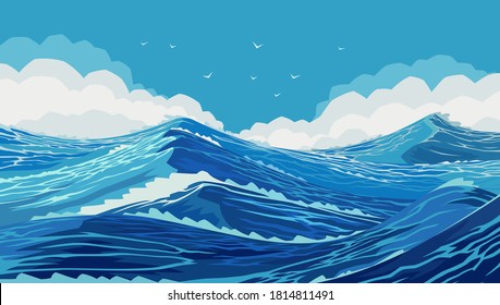 Harsh ocean with large sea waves. Drawing of ocean spaces. Wavy and beautiful sea. The Pacific Ocean is raging. Large and strong blue waves. Raging ocean waves in the Blue Sea. Illustration, EPS 10