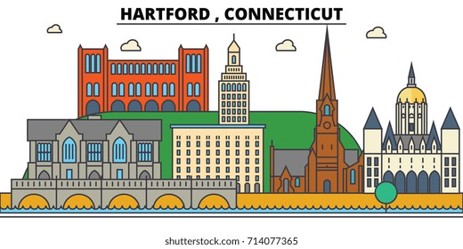 Hartford, Connecticut. City skyline: architecture, buildings, streets, silhouette, landscape, panorama, landmarks. Editable strokes. Flat design line vector illustration concept. Isolated icons